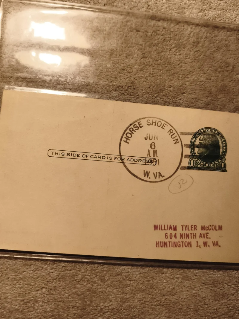 Carte postale USA oblitérée Horse Shoe Run W.Va, timbre 1c, McColm, philatélie