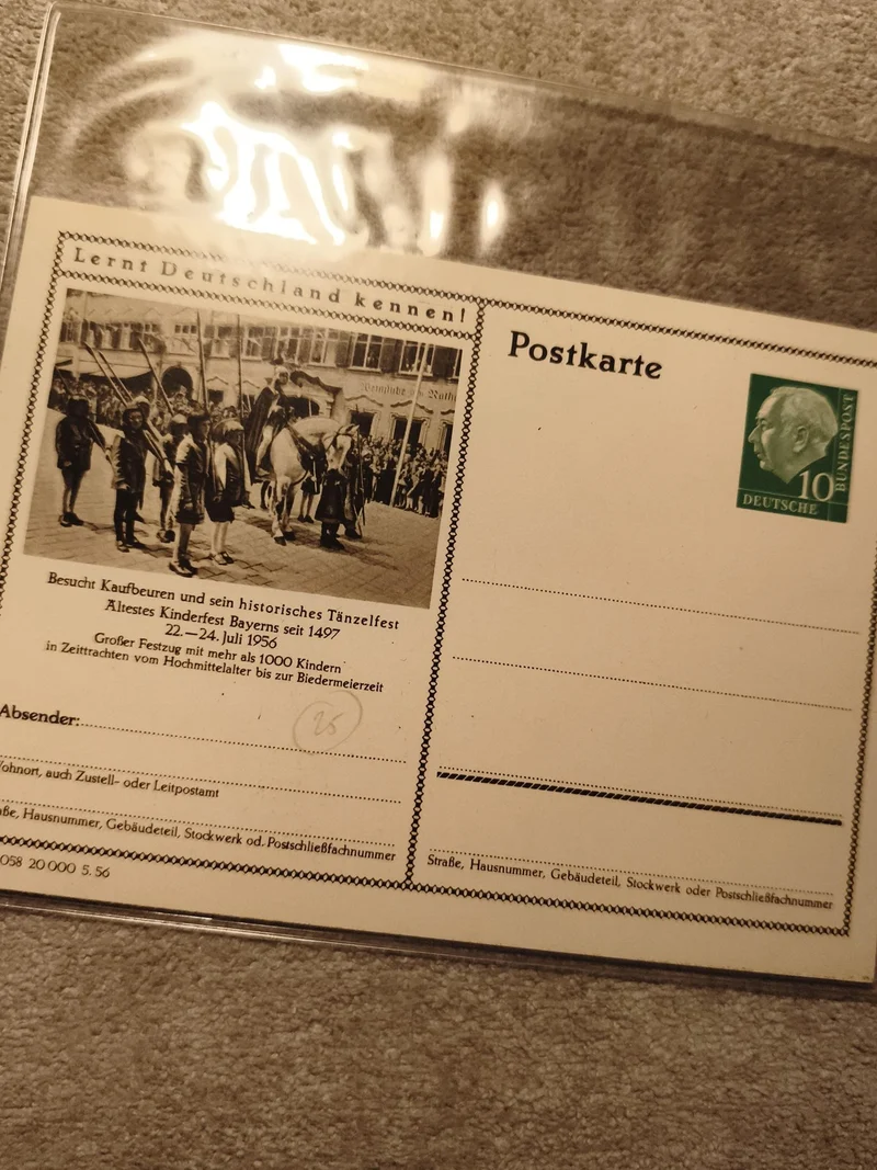 Carte postale Allemagne 1956 timbre 10 Pfennig Kaufbeuren fête historique (Ref 1
