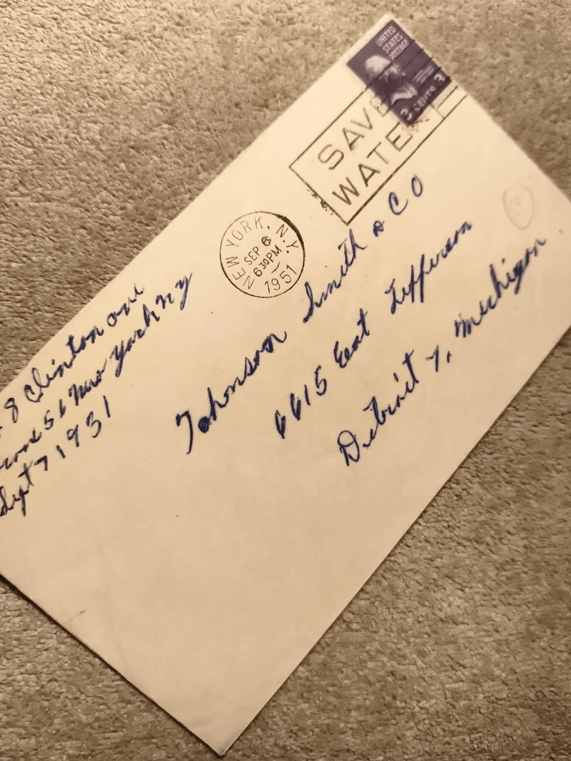 Lettre oblitérée USA 1951 timbre 2 cents Washington philatélie déco postal (Ref