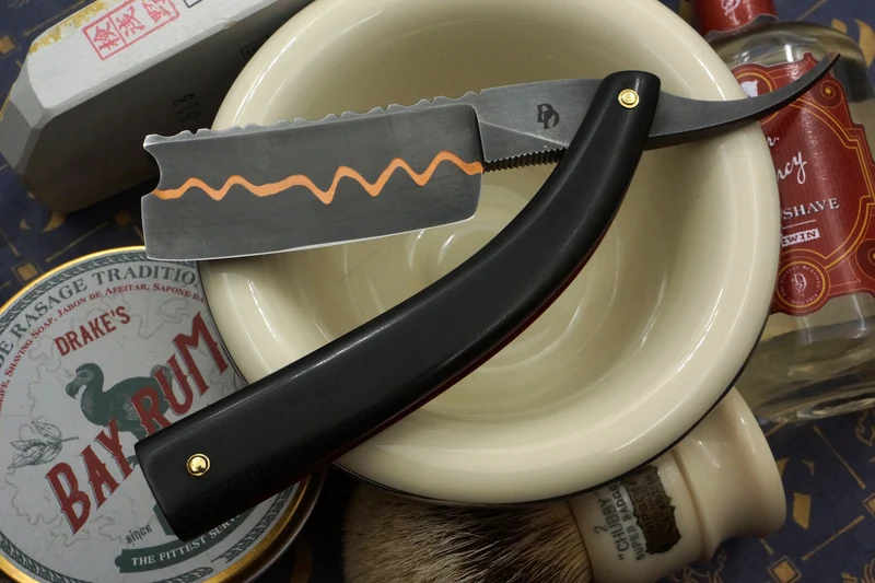 Drew Dick 9/8 Quarter Hollow CopperMai Blade with Ebony Scales - Preowned Custom Straight Razor - Shave Ready