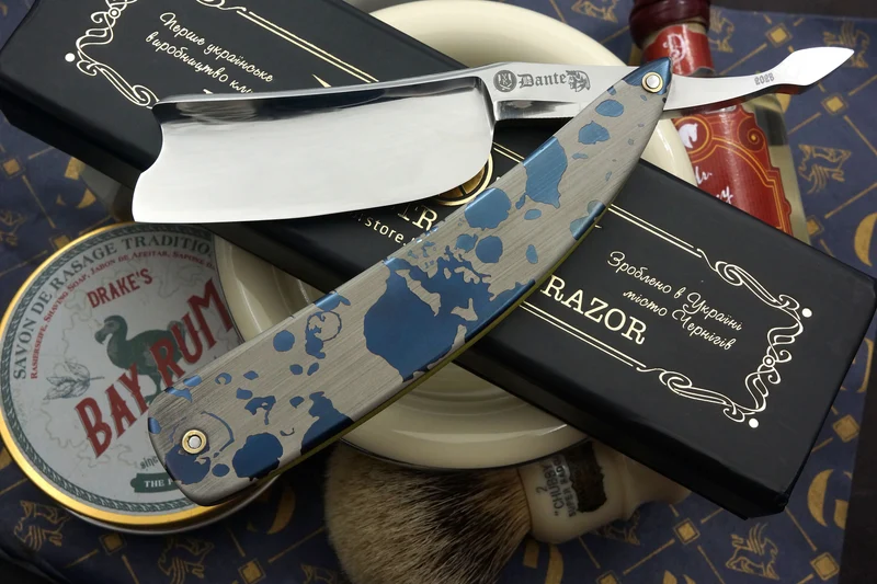 Art Razor Dante 10/8 Quarter Hollow Blade - Preowned Custom Straight Razor with Etched Metal Scales - Shave Ready