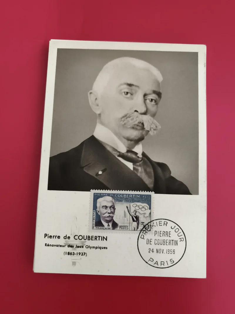 Carte Premier Jour Pierre de Coubertin 1956 Paris timbre philatélie (Ref 1)