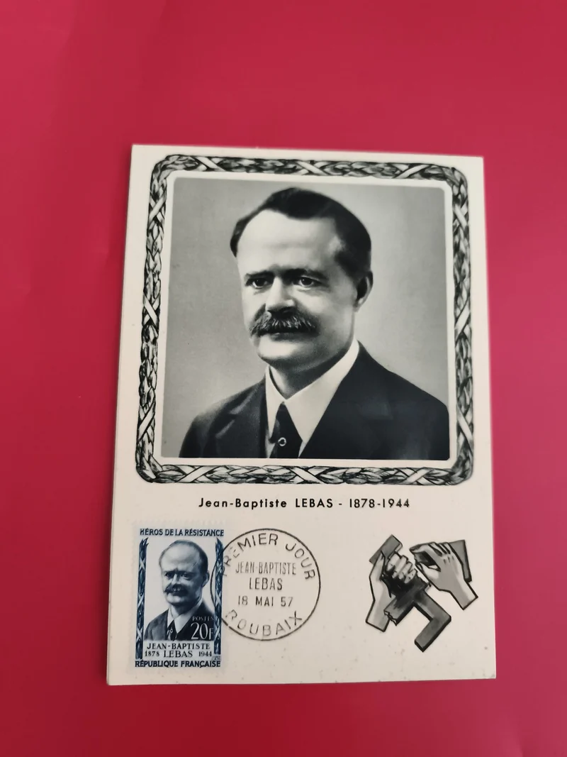 Carte Premier Jour Jean-Baptiste Lebas 1957 Roubaix philatélie héros résistance