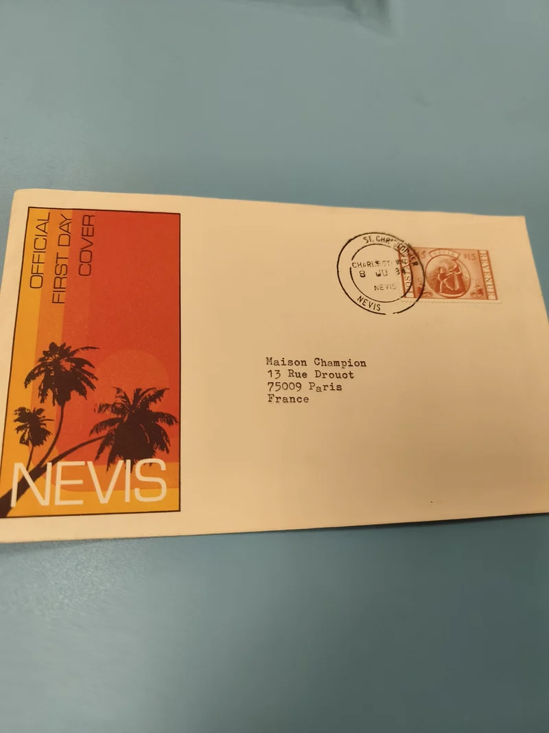 Enveloppe FDC Nevis premier jour d?émission timbre orange palmiers