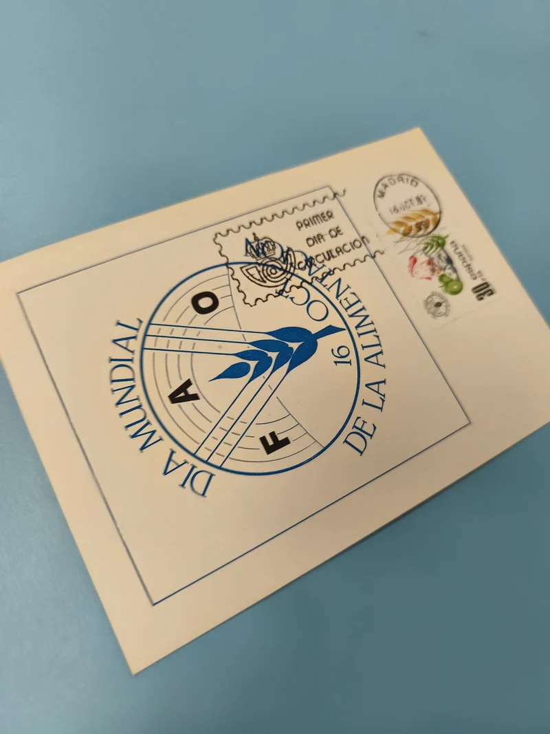 Enveloppe premier jour d?émission FDC FAO timbre Madrid 1981 motif bleu