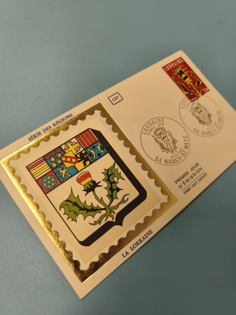 Enveloppe FDC Premier Jour Lorraine blason doré et timbre régional philatélie