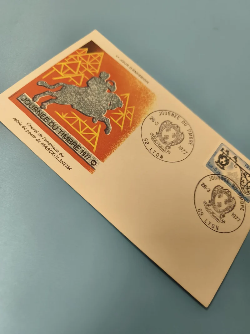 Enveloppe FDC Journée du Timbre 1977 Cheval Marckolsheim Lyon Premier Jour