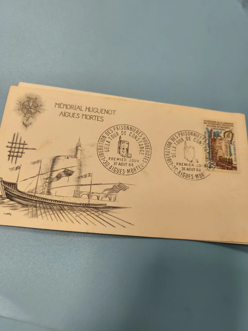 Enveloppe premier jour FDC Mémorial Huguenot Aigues-Mortes timbre Tour Constance