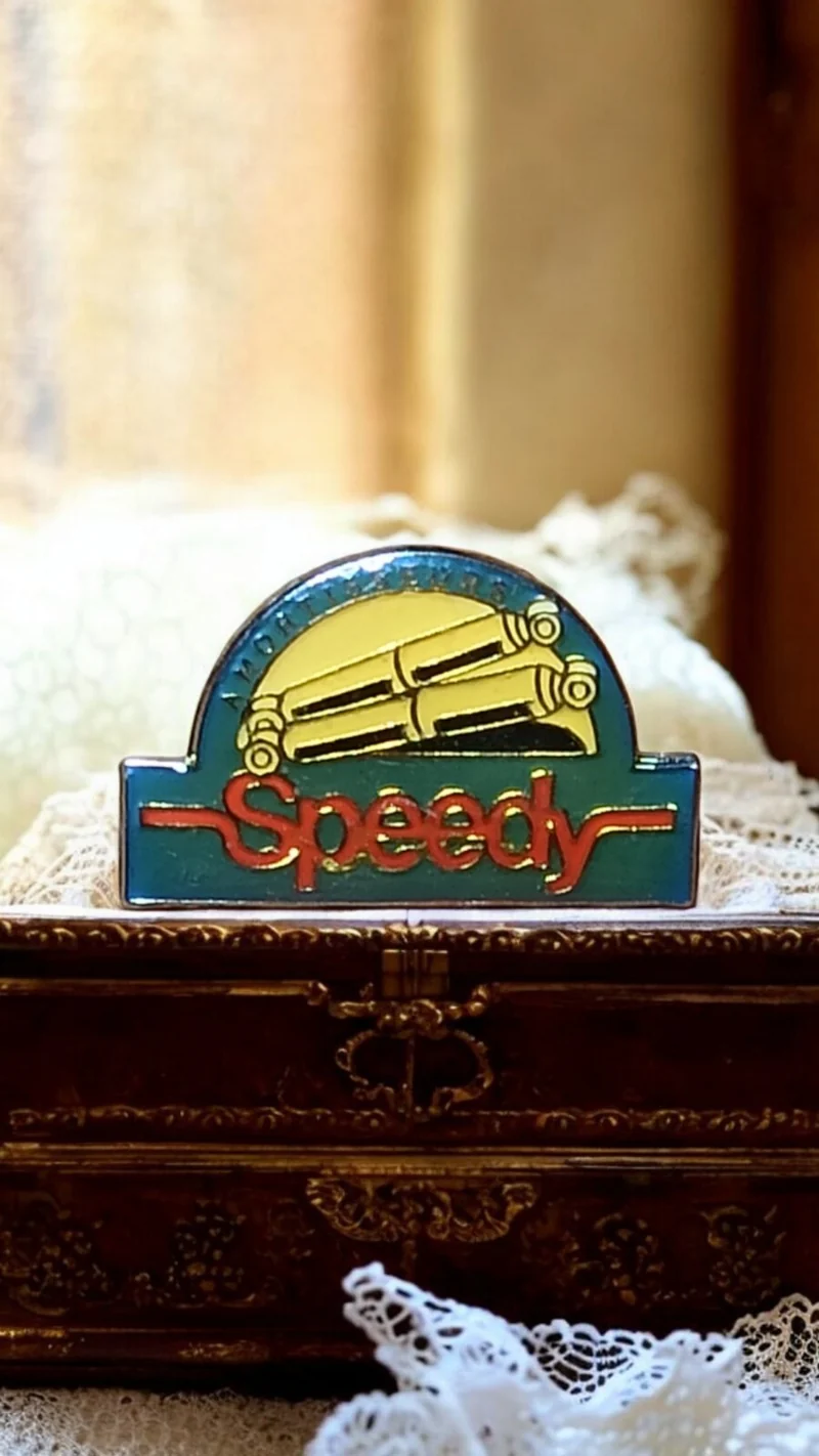 Pin's vintage Speedy rétro années 80, badge émaillé coloré, logo stylisé