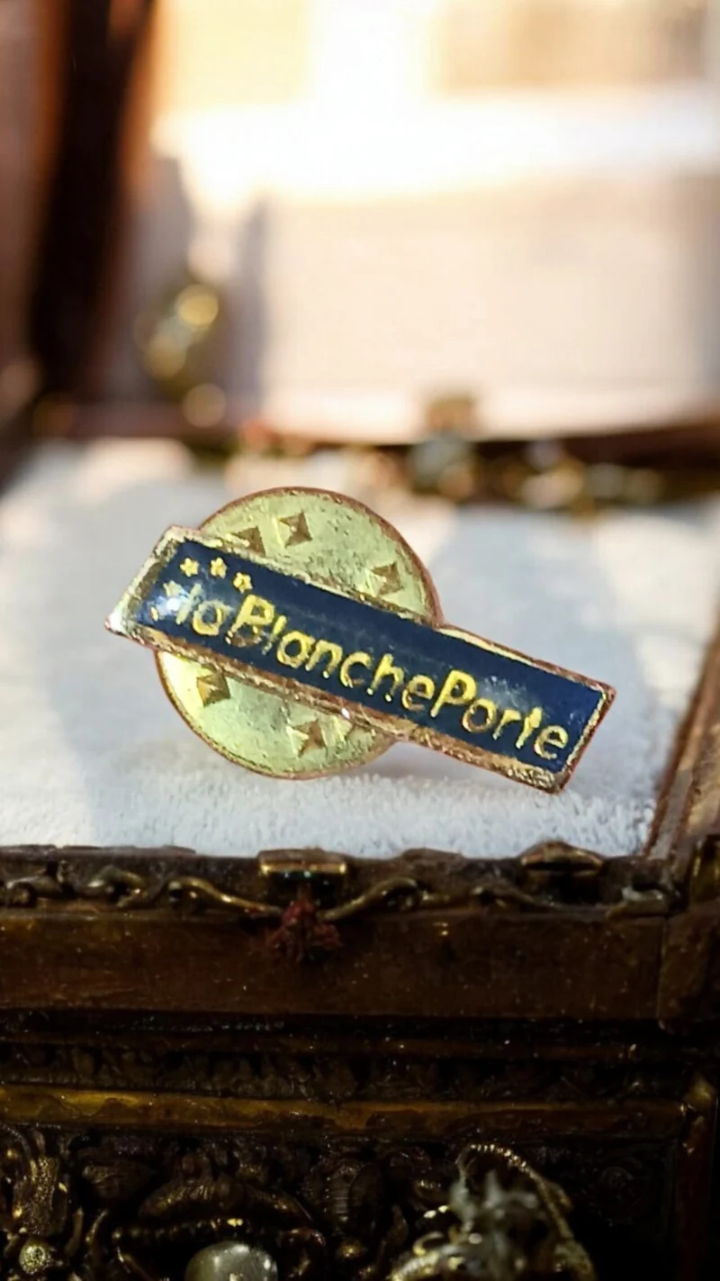 Pin's vintage La Blanche Porte décor étoilé rétro accessoire mode badge