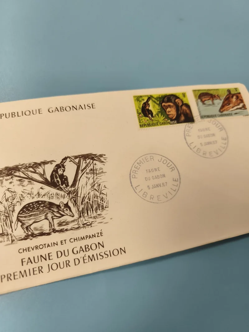 Enveloppe FDC Gabon Faune du Gabon Chevrotain Chimpanzé Timbres animaux