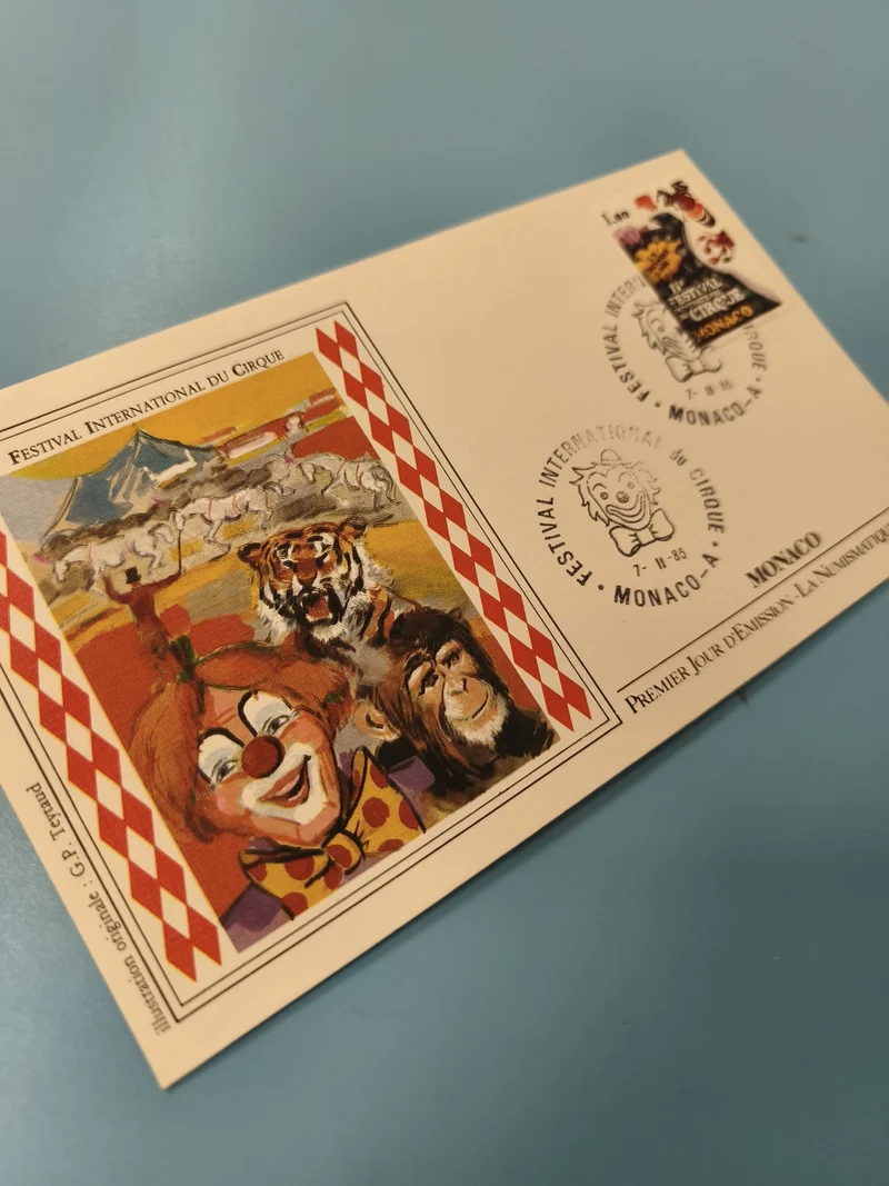 Enveloppe FDC Monaco Festival International du Cirque timbre illustré clown anim