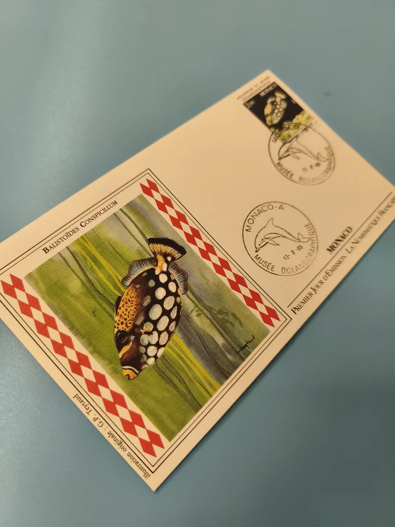 Enveloppe FDC Monaco timbre Balistoides Conspicillum illustration poisson mer
