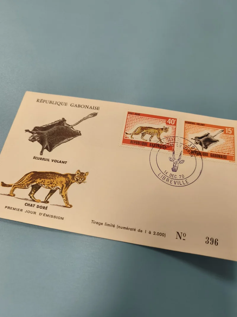 Enveloppe FDC Gabon 1970 écureuil volant chat doré timbres illustrés animaux