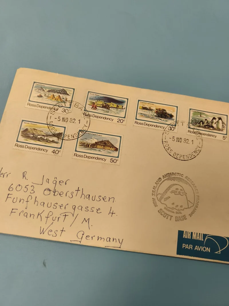 Ancienne enveloppe timbrée Ross Dependency 1982, oblitération Scott Base philaté