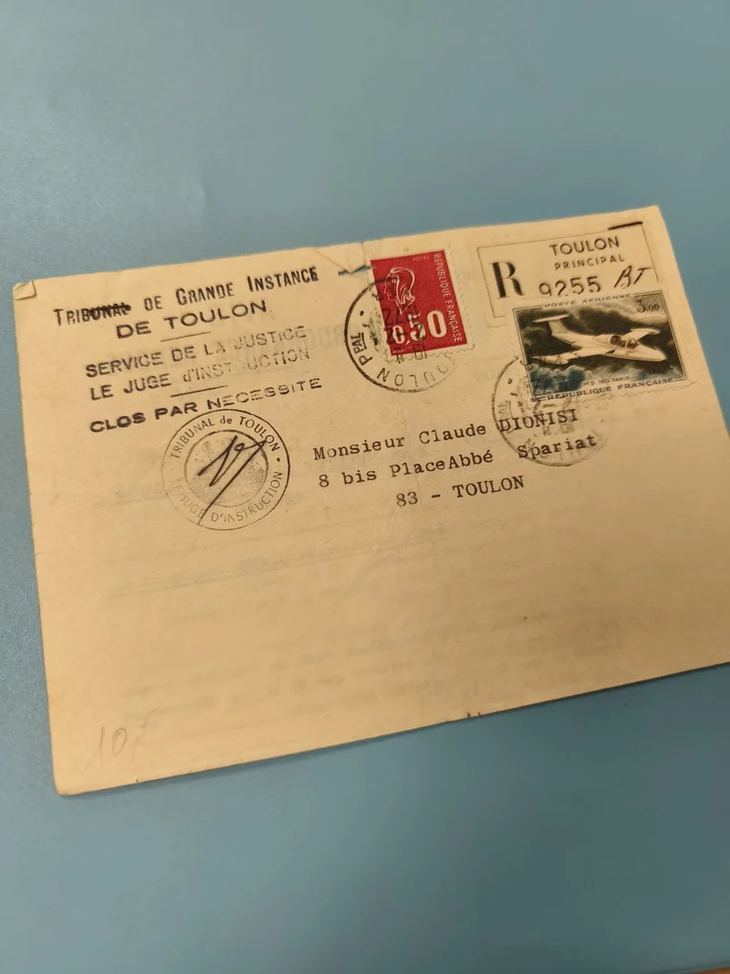 Ancienne enveloppe oblitérée Toulon timbres avion justice philatélie collection