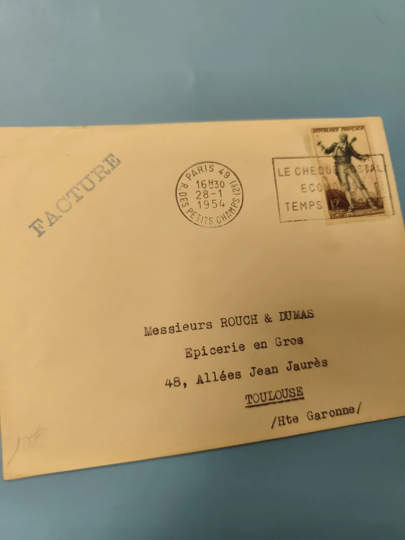 Ancienne enveloppe timbrée oblitérée 1954 facture philatélie collection France