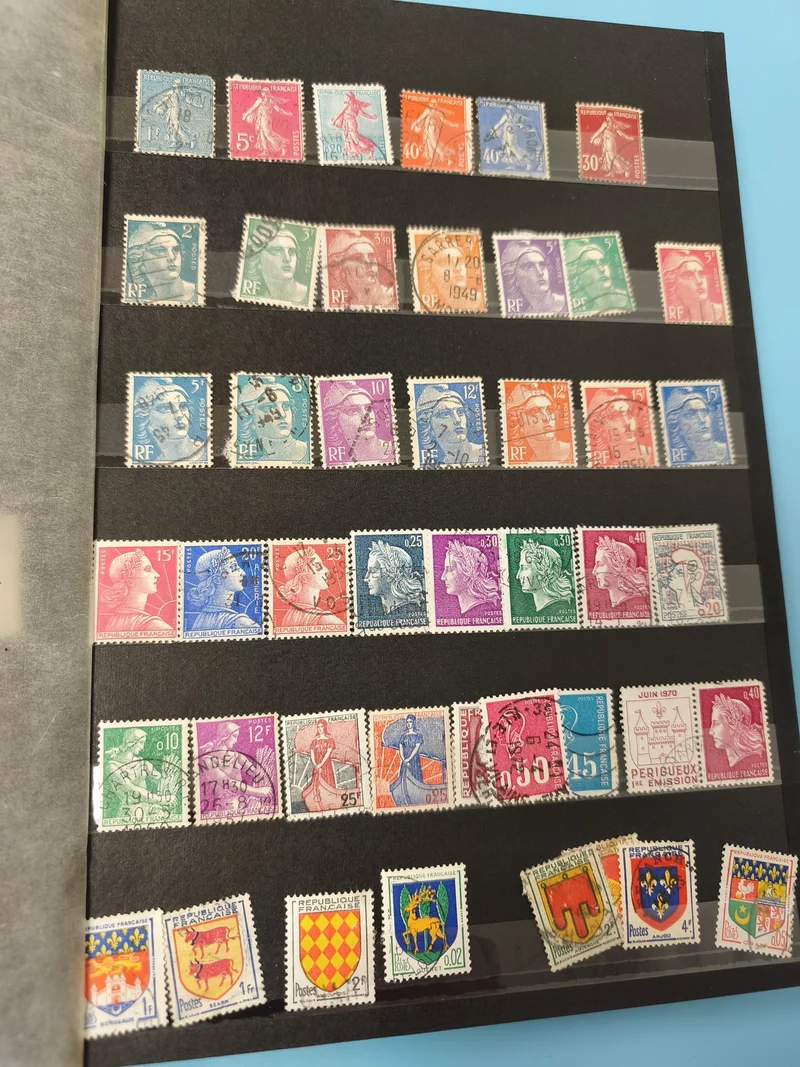 Lot anciens timbres oblitérés France, Marianne, blasons, philatélie collection
