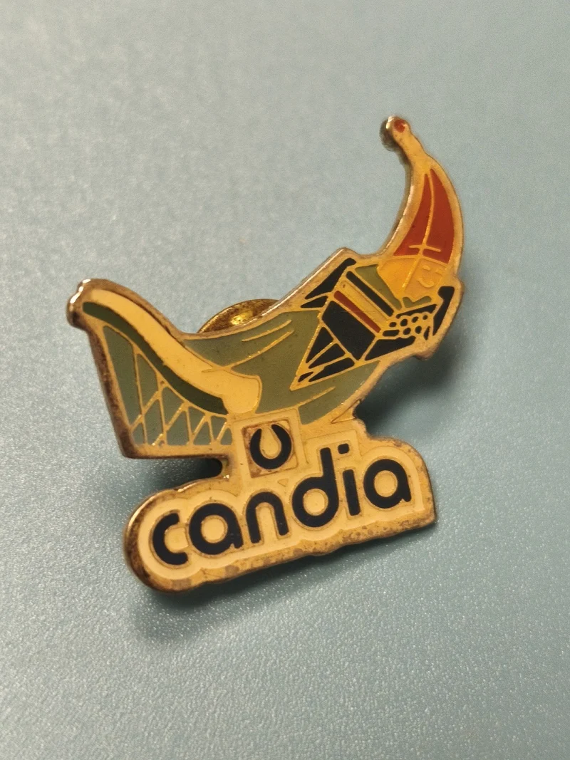 Vintage pin's Candia publicitaire, viking coloré, collection badge ancien