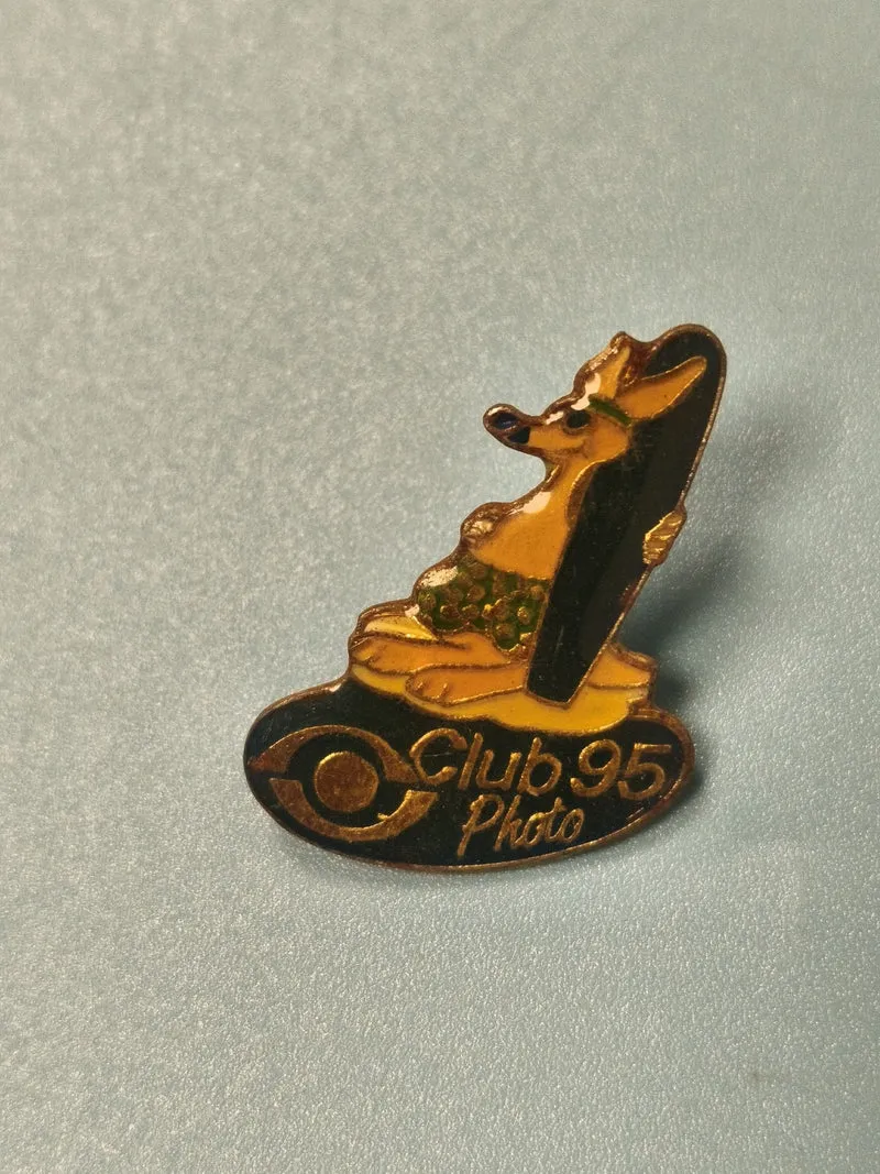 Vintage pin's Club 95 Photo chien sur planche, badge collection ref 10