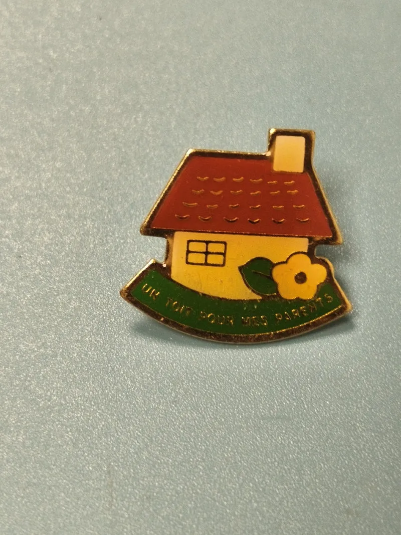 Vintage pin's maison Un Toit Pour Mes Parents émaillé jaune vert rétro (ref 10)