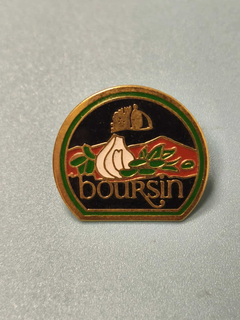 Vintage pin's publicitaire Boursin émaillé, logo ail, collection badge ancien