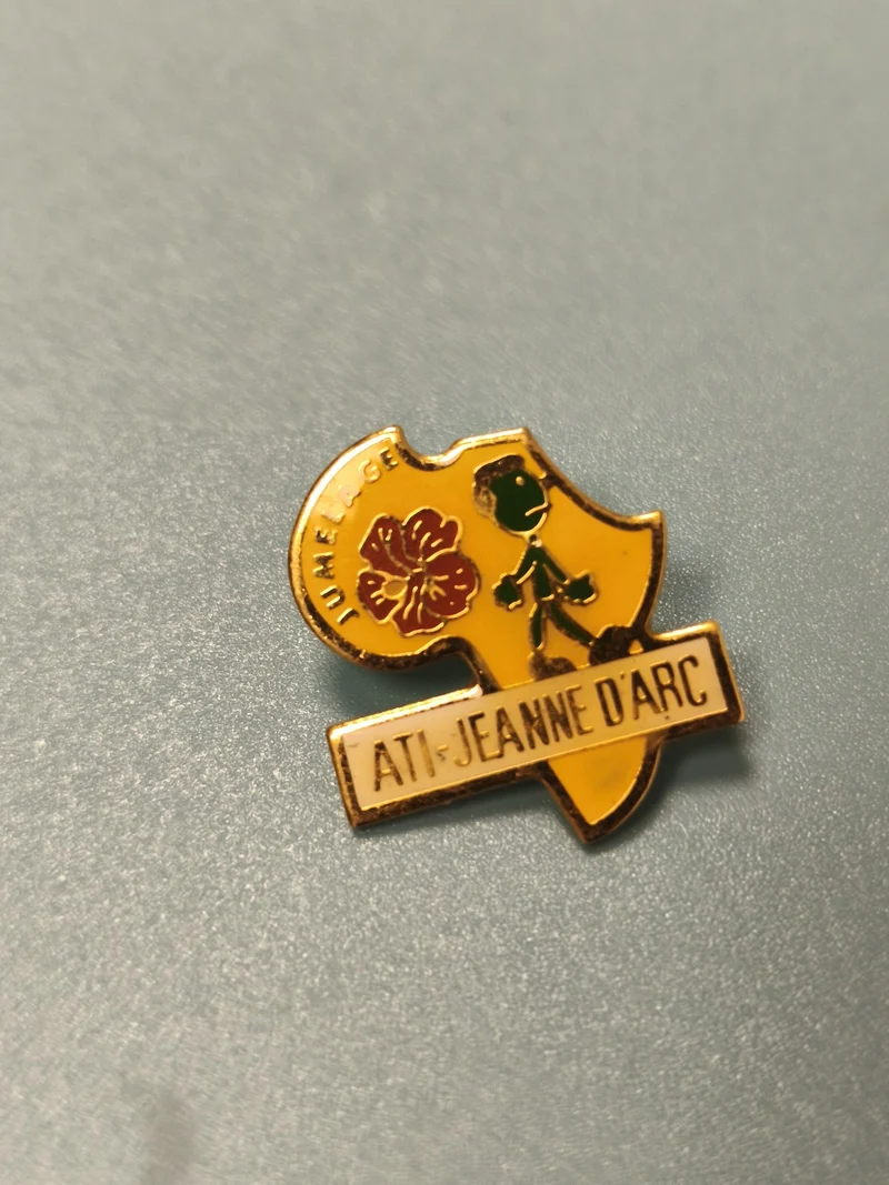 Pin's vintage ATI Jeanne d'Arc émaillé blason jaune rouge vert collection
