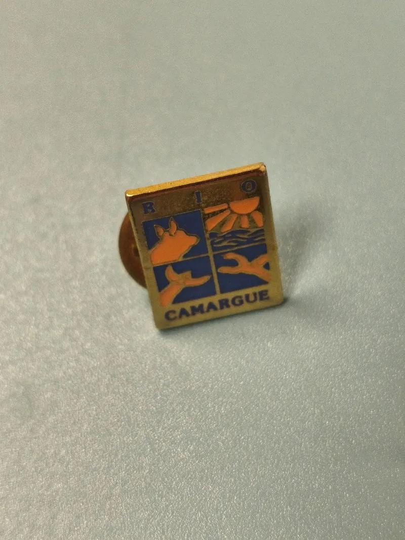Vintage pin's Camargue émaillé rectangulaire motif taureau soleil collection