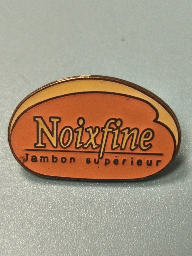 Vintage pin's publicitaire Noixfine jambon supérieur orange rétro collection