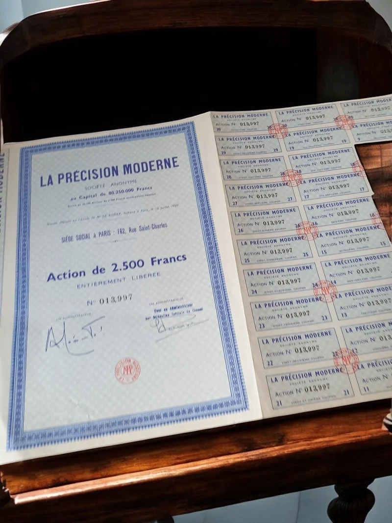 Action au porteur La Précision Moderne 1929 papier financier vintage ancien