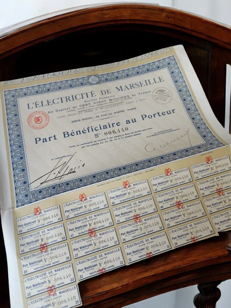 Ancien titre au porteur Électricité de Marseille années 1920 vintage