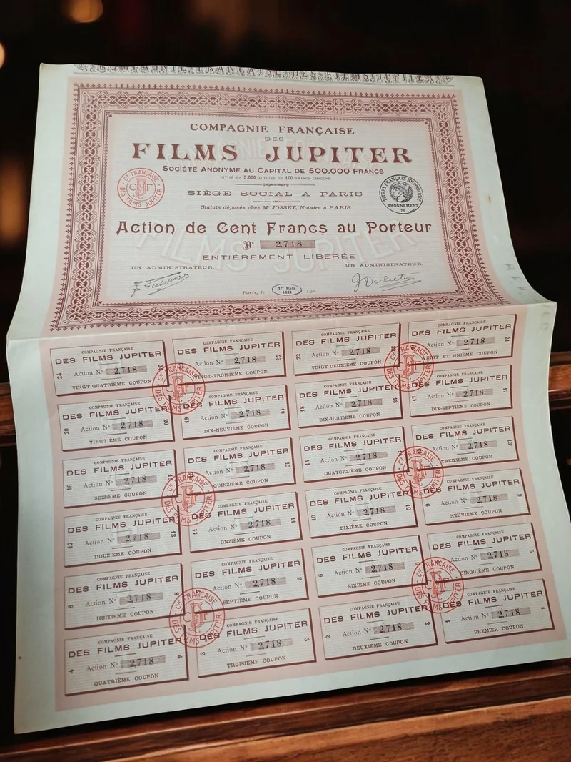 Action au porteur Films Jupiter 1921 document financier ancien vintage rétro