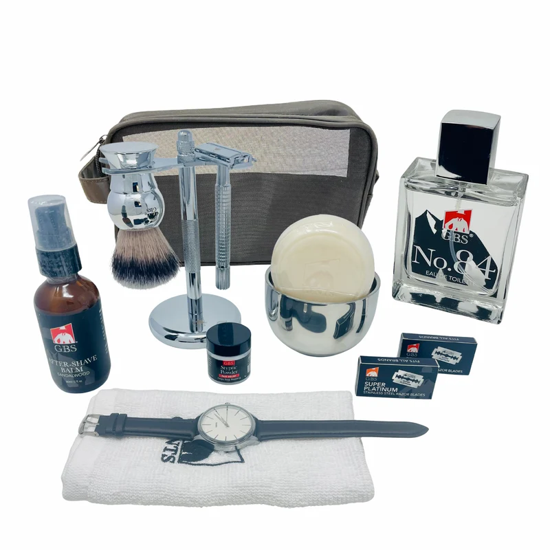 Gift Set Luxury Men’s Shaving & Grooming Gift Set – Double Edge Safety Razor, Shaving Brush & Stand, Sandalwood Shave Soap, Aftershave Balm, Cologne, Watch, Blades & Travel Case GENTS