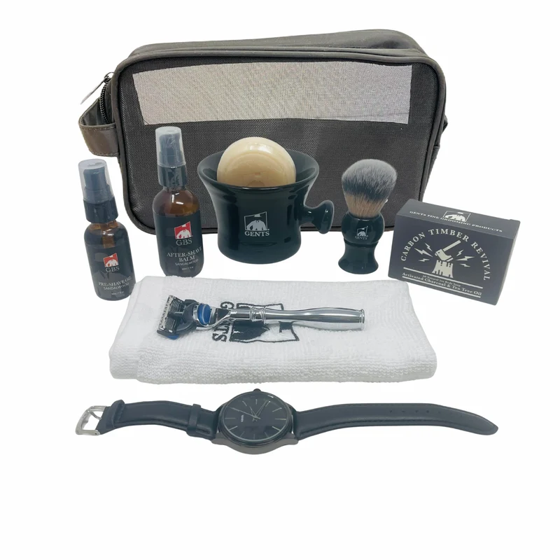 Gift Set Men’s Complete Shaving and Grooming Gift Set – Premium Fusion Compatible Razor, Shaving Brush, Shave Soap Bowl, Pre-Shave Oil, Aftershave Balm, Towel, Travel Bag & Watch | Luxury Gift Set for Men