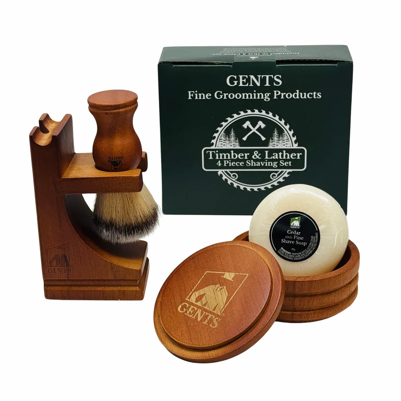 Gift Set Gents Timber & Lather Shaving Gift Set for Men – Wooden Brush, Shave Bowl with Lid, Razor & Brush Stand, Cedar Pine Shea Soap