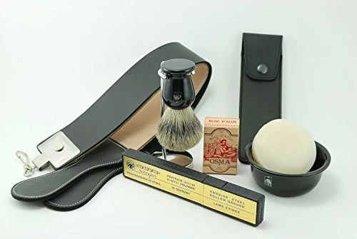 GBS Deluxe Wet Shaving Set - Dovo Straight Razor Black Folding Handle Carbon Blade, Leather Strop, Chrome Brush Stand, Ceramic Shave Bowl, Pure Badger Brush, Alum Block, Razor Case + Natural Soap