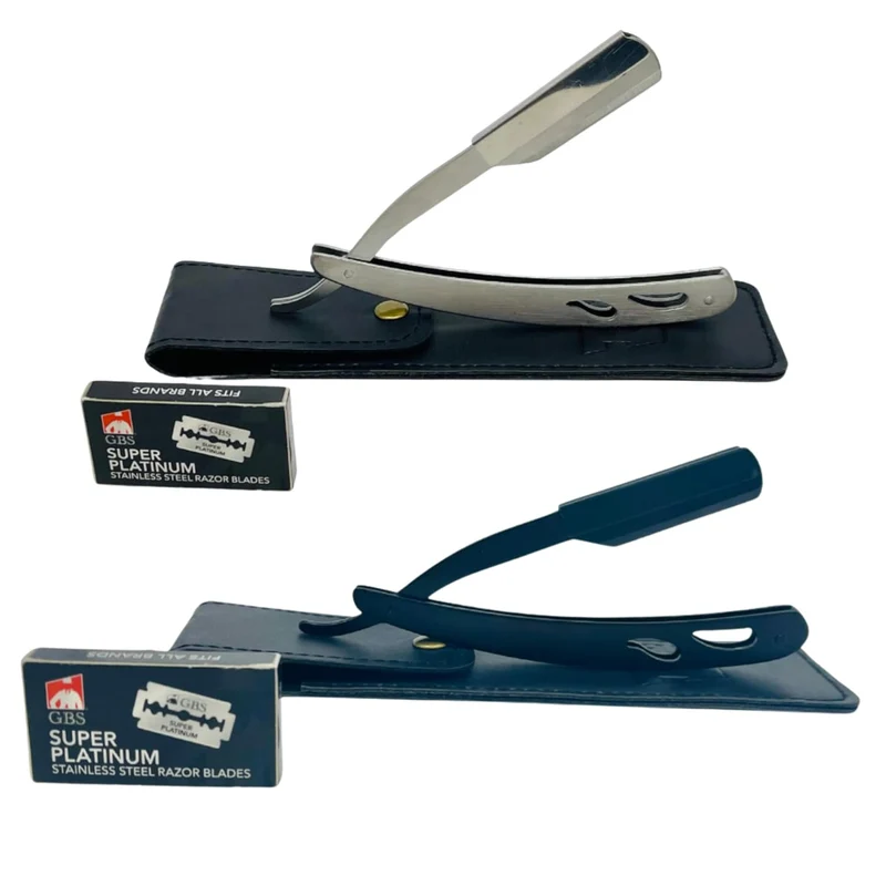 Razor Shavette - Chrome & Black Stainless Steel Razors with Travel Cases & 10 Refill Blades Barber Straight Edge Interchangeable Gents