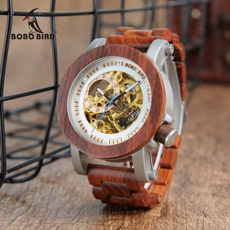 BOBOBIRD K12 Rouge Bois De Santal et Acier Mécanique Montre Vintage Mâle Antique