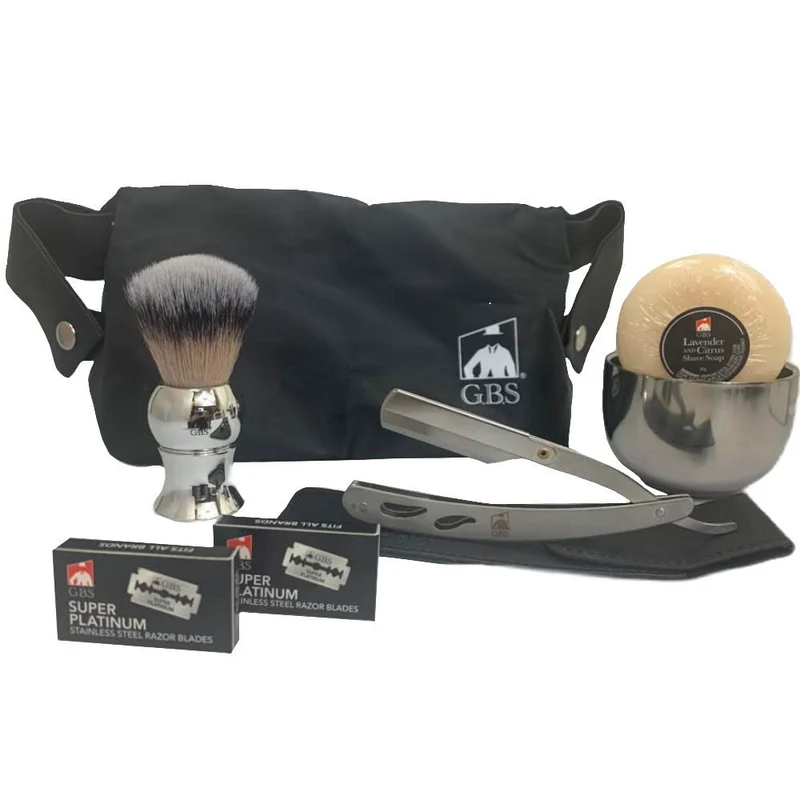 Gift Set Men’s Wet Shaving Kit – Shavette Razor, Synthetic Shaving Brush, Shaving Soap, Stainless Steel Bowl, 20 Blades & Travel Toiletry Bag GENTS