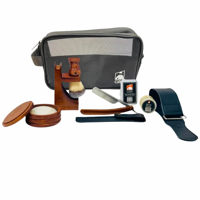 Gift Set Complete Men’s Wooden Shaving kit – 6/8" Straight Razor, Shaving Brush, Soap, Bowl & Stand – Premium Wet Shaving GENTS