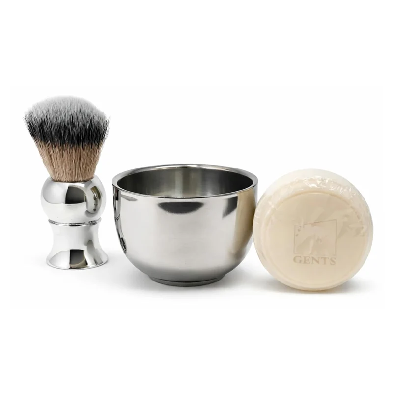Gift Set GENTS - Men's Shaving Kit 3 pc Stainless Steel Bowl Shaving Soap and Synthetic Shaving Brush