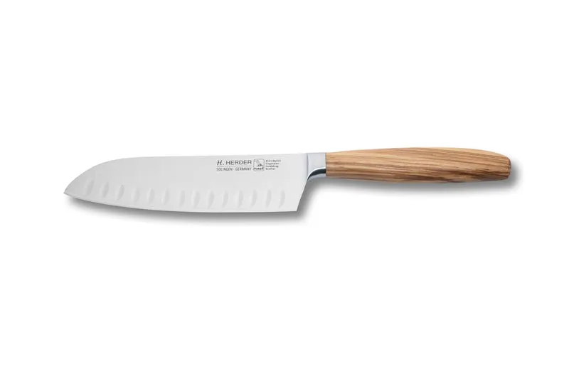 Santokumesser Eterno, Olivenholz, Klingenlänge 16cm, geschmiedet, Kullenschliff