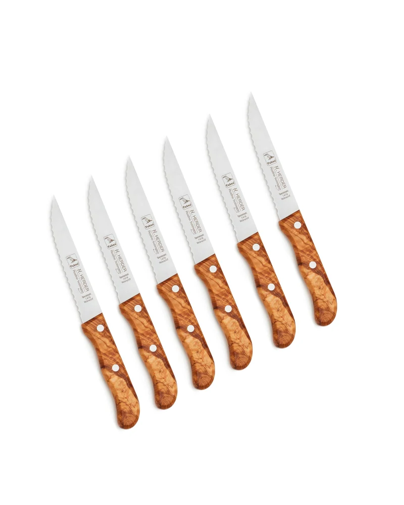 Steakmesserset 6tlg, Olivenholzgriff, mit Welle, Klingenlänge 13cm
