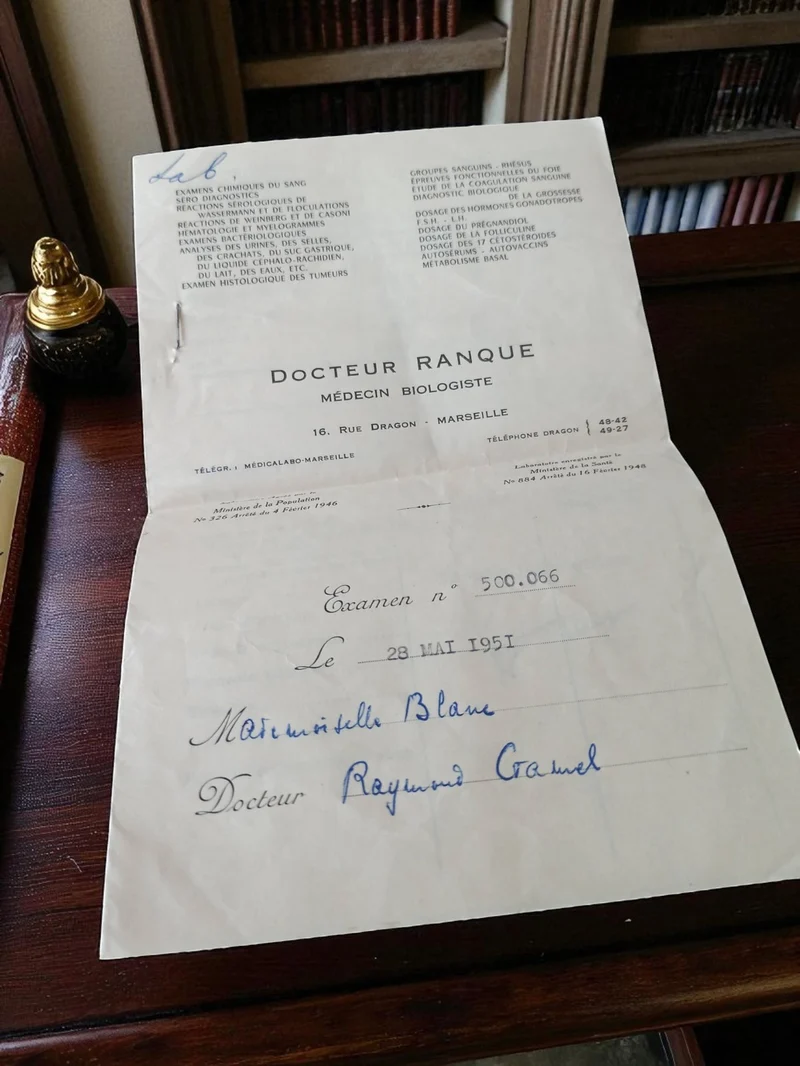 Ordonnance biologie Dr Ranque Marseille 1951 ancien document médical vintage