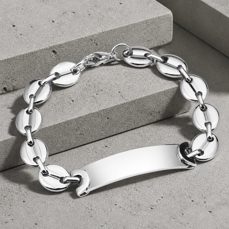 Bracelet Graine de Café Argent Homme, Plaque à Graver