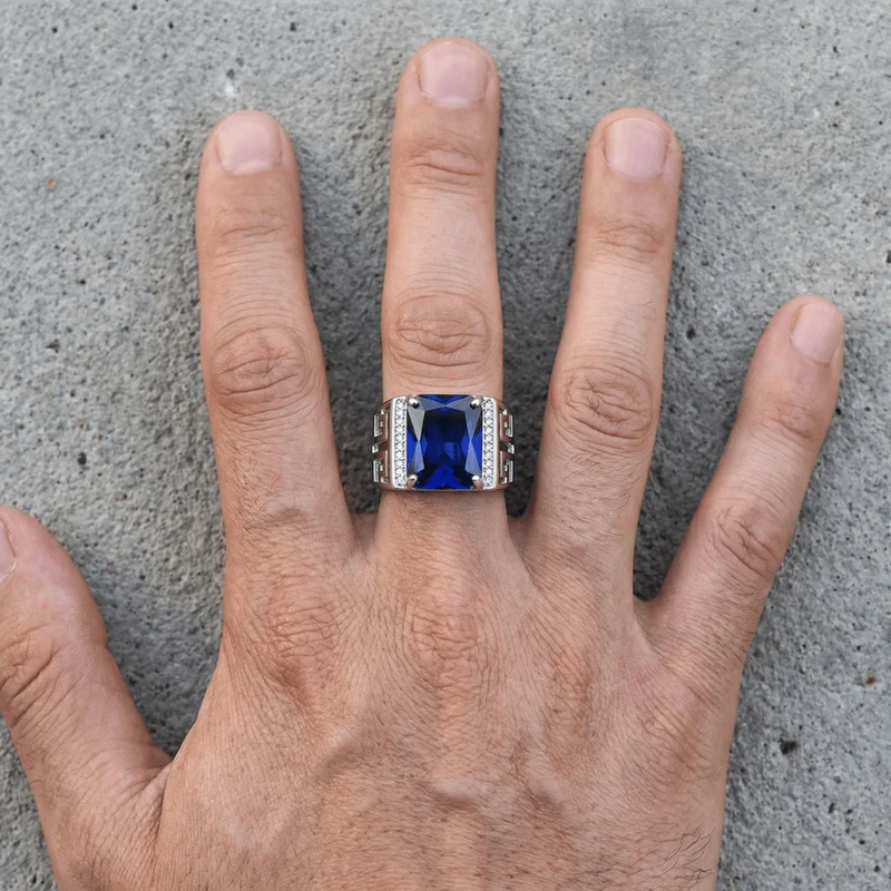 Bague Chevalière Homme Argent Luxe Saphir Bleu