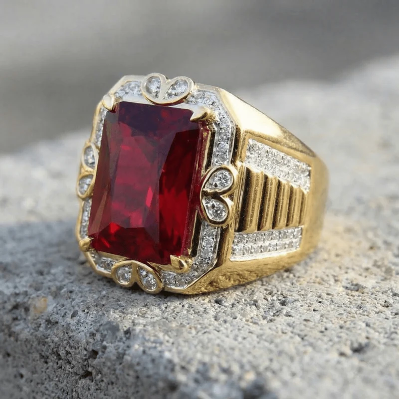Bague Chevalière Homme Or et Rubis Plateau Rectangulaire