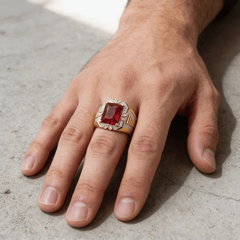 Bague Chevalière Homme Or et Rubis Plateau Rectangulaire