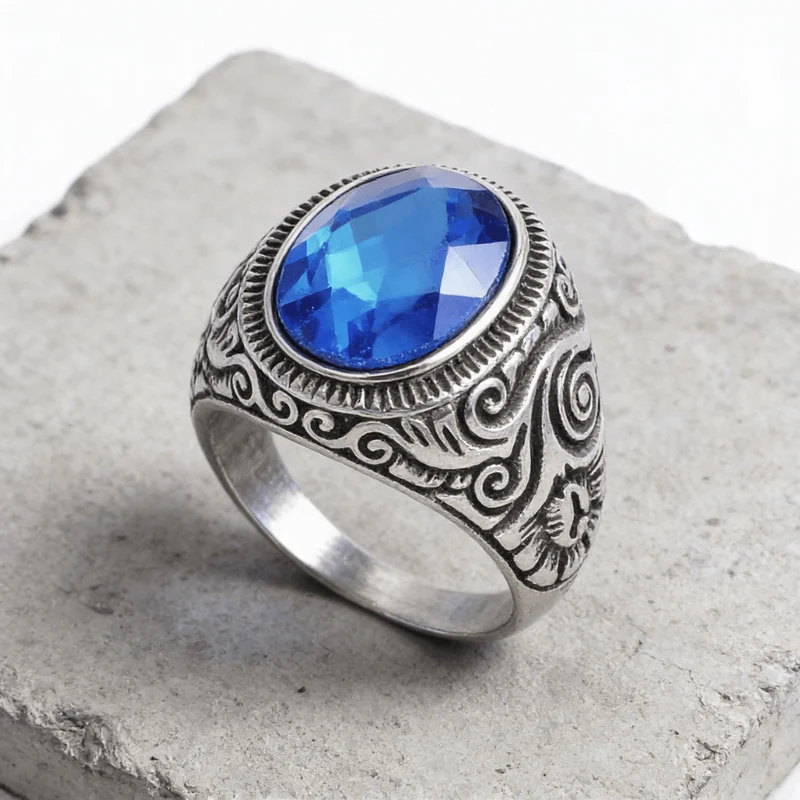 Bague Chevalière Homme Saphir Bleu Acier Inoxydable