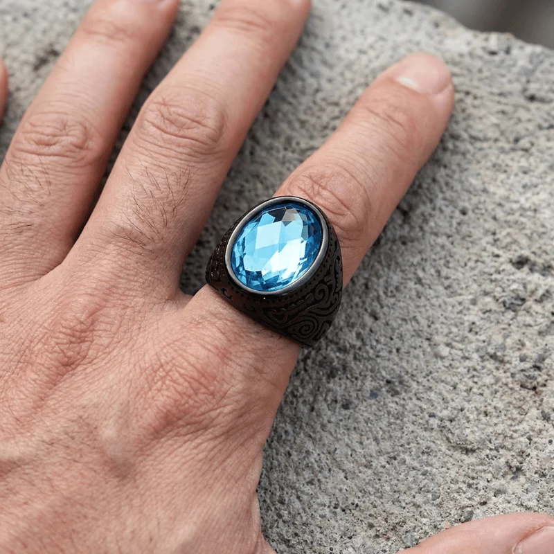 Bague Chevalière Homme Saphir Bleu Acier Inoxydable